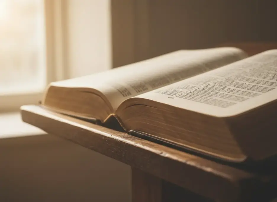 An open Bible resting on a wooden lectern in soft window light